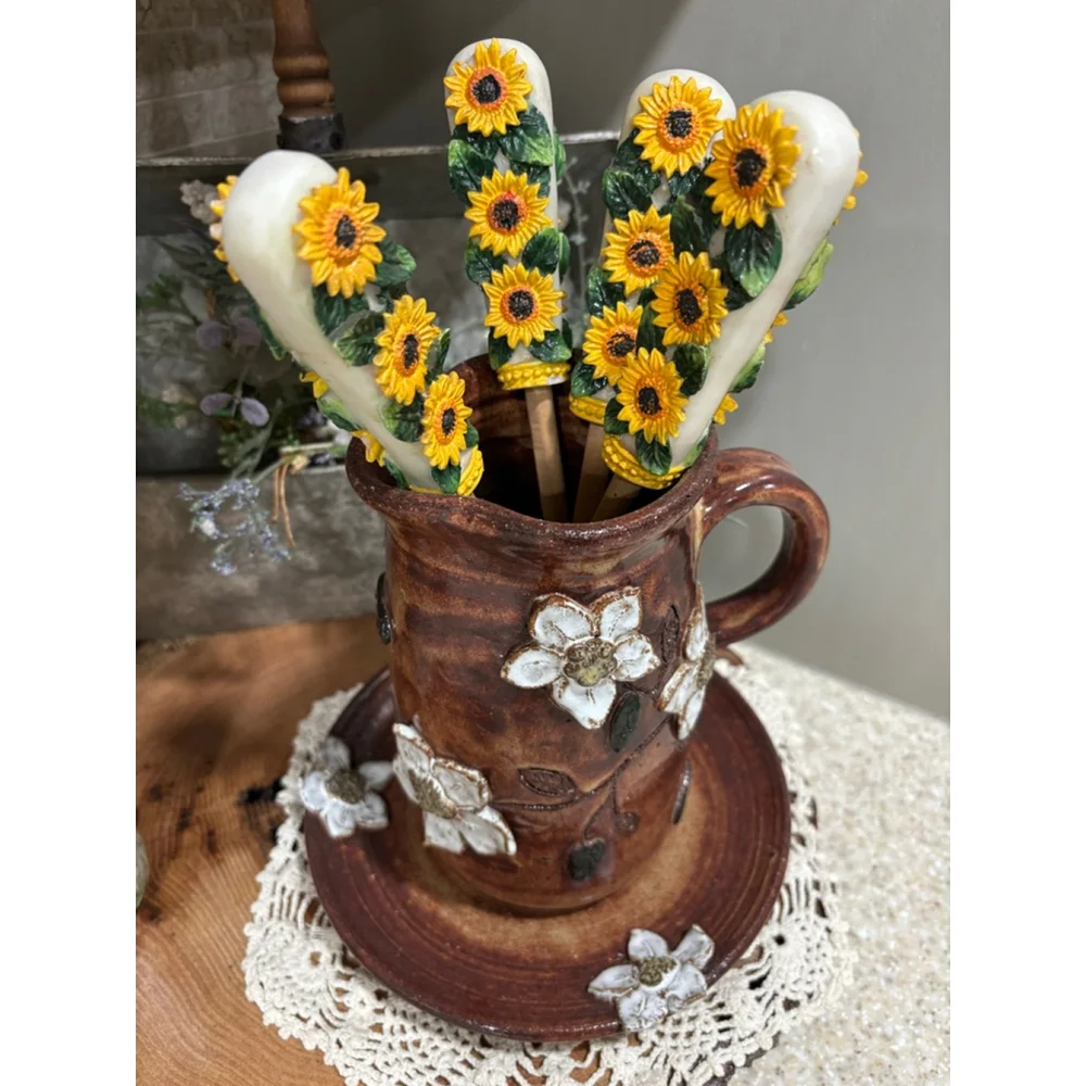 Sunflower Cooking Utensils Set of 4, Wood, Yellow Sunflower Handles One Size
